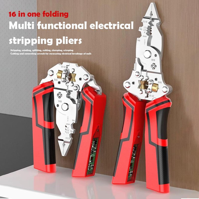 16-in-1 Wire Stripper Crimping Tool, Electrical Test Wire Stripper Pliers, Folding Design Voltage Tester Pliers for Electrician (Red) - Image 5